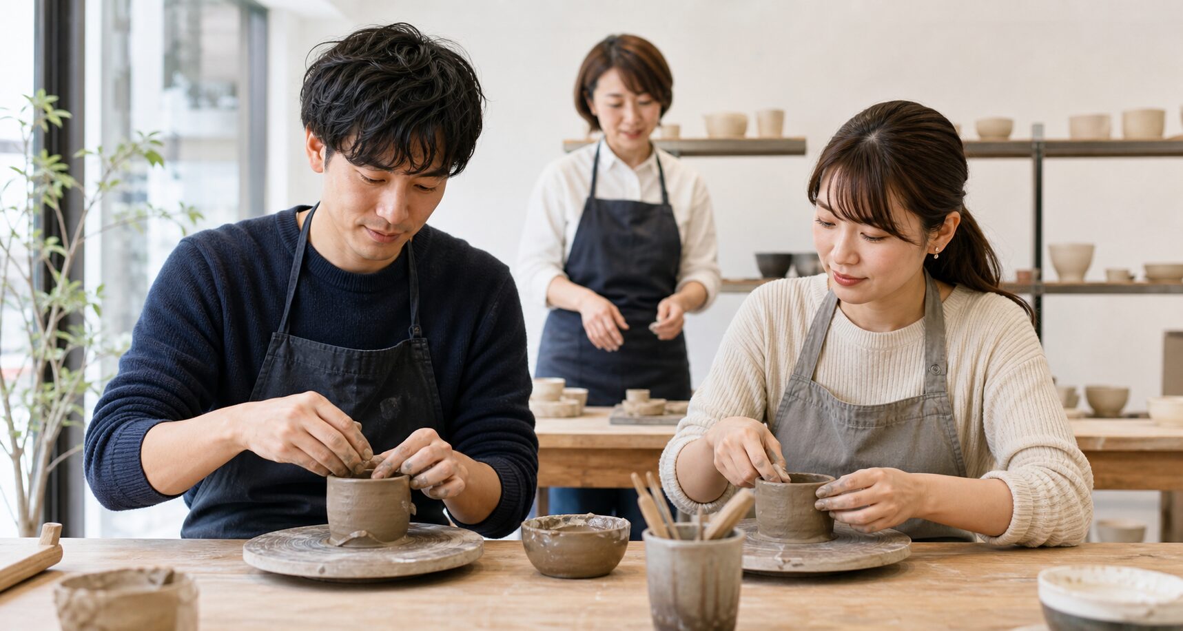 陶芸教室でそれぞれ器を作るマッチングアプリ初デートの二人