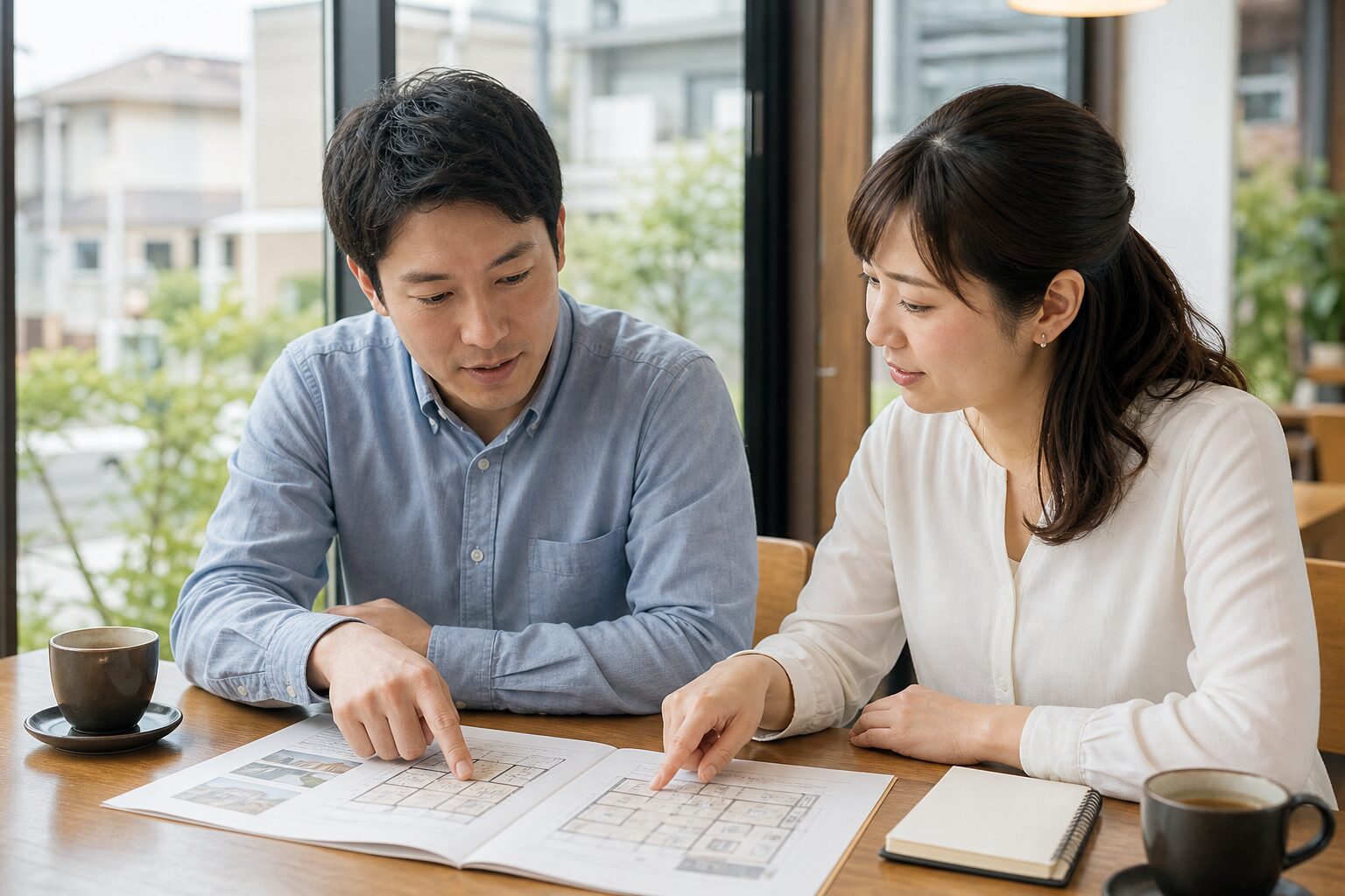 親との同居について住宅プランを見ながら話し合う男女