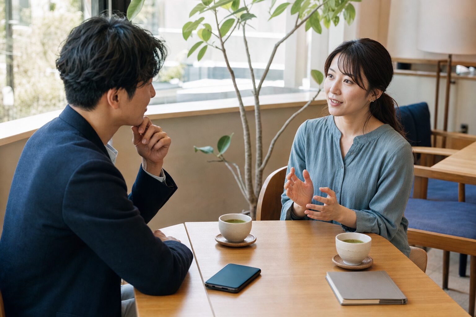 カフェで将来の価値観について落ち着いて話し合う男女