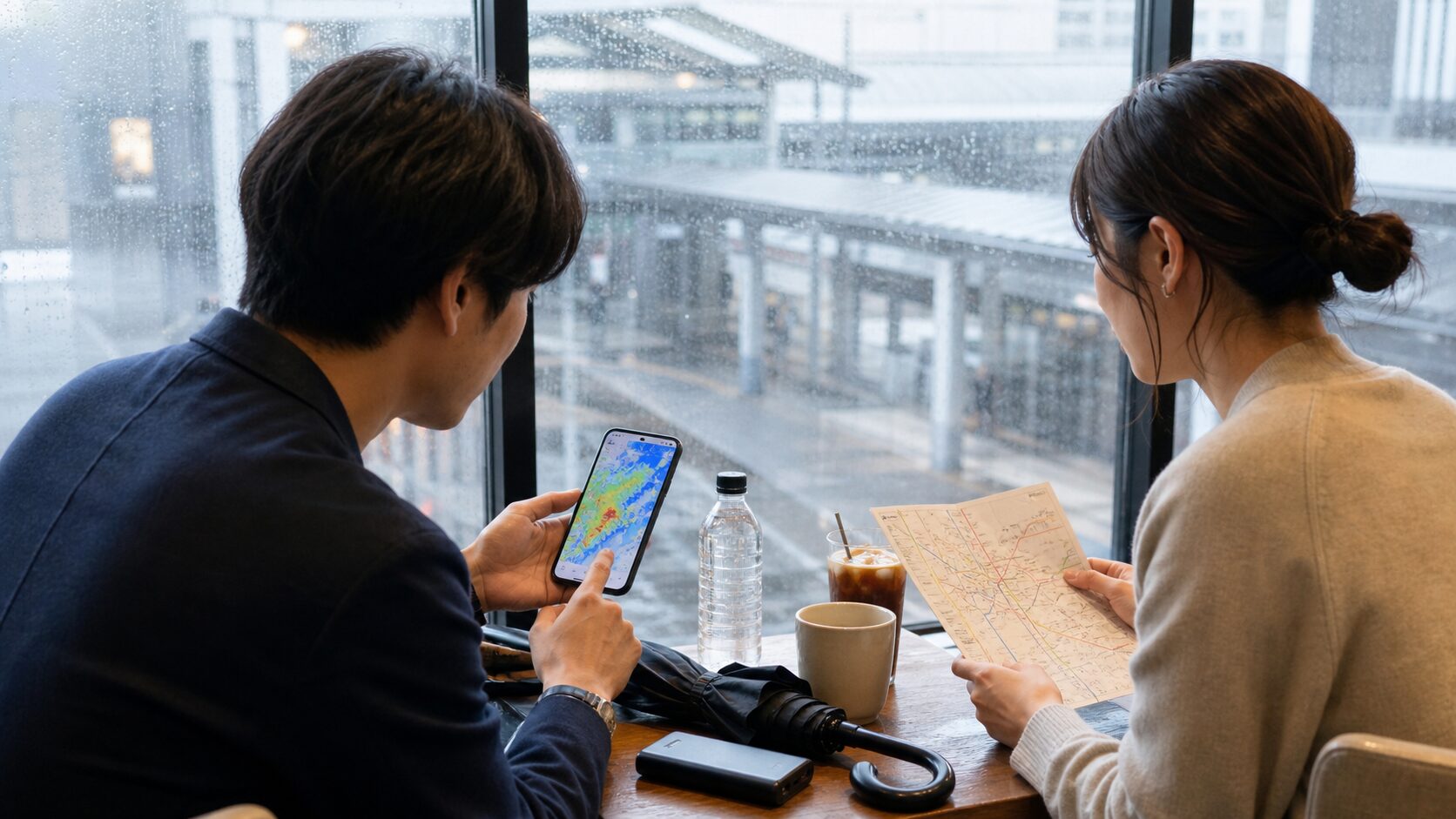 雨の日の駅前カフェで天気情報と交通経路を確認する男女