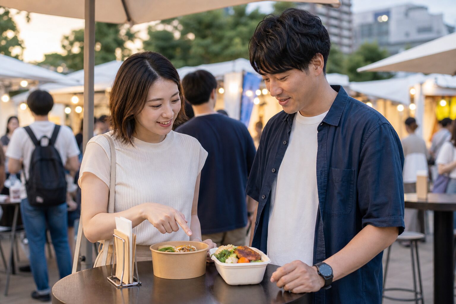 屋外のフードフェスで料理を選ぶ男女