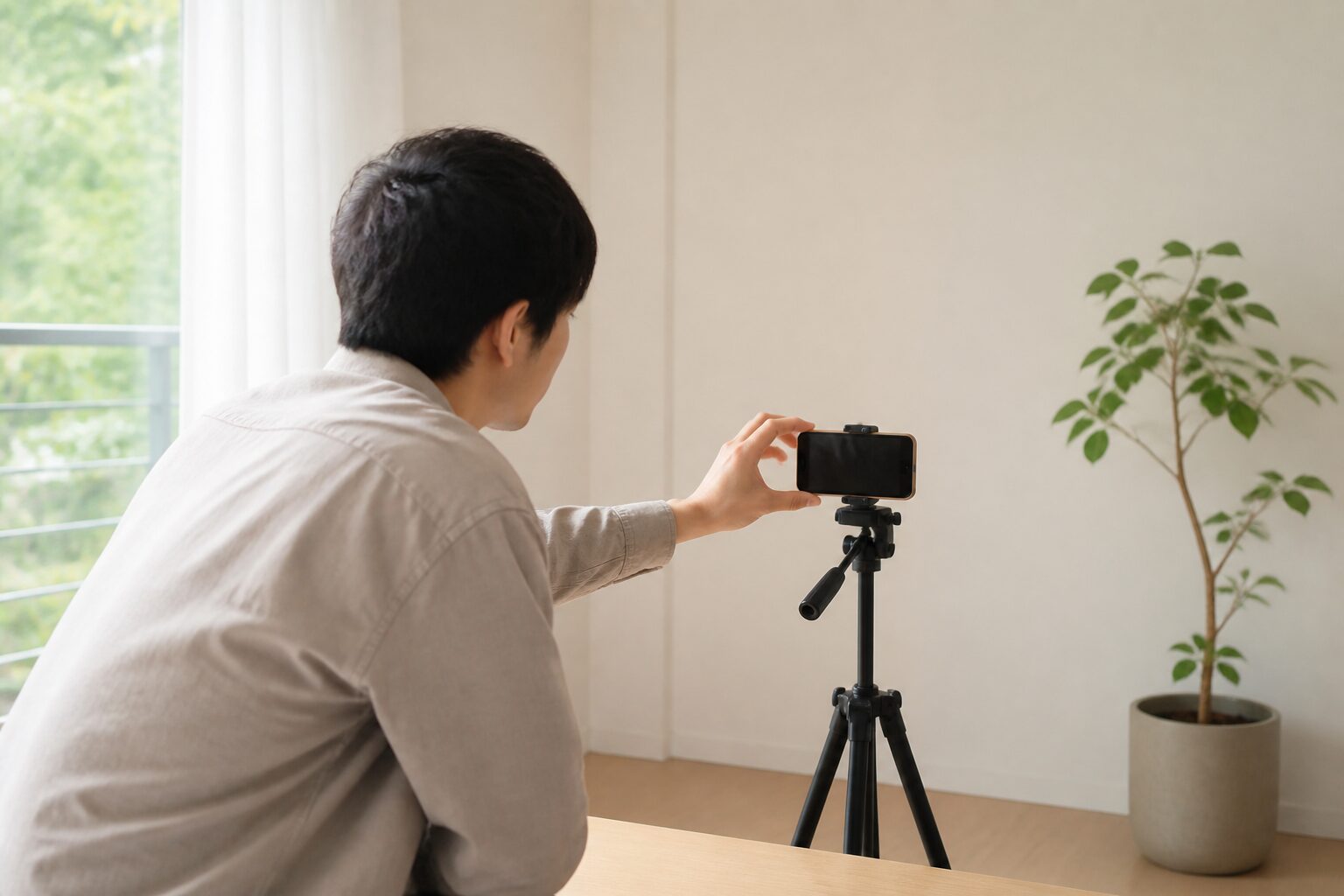 明るい無地の壁を背景にスマートフォンの三脚を調整する男性