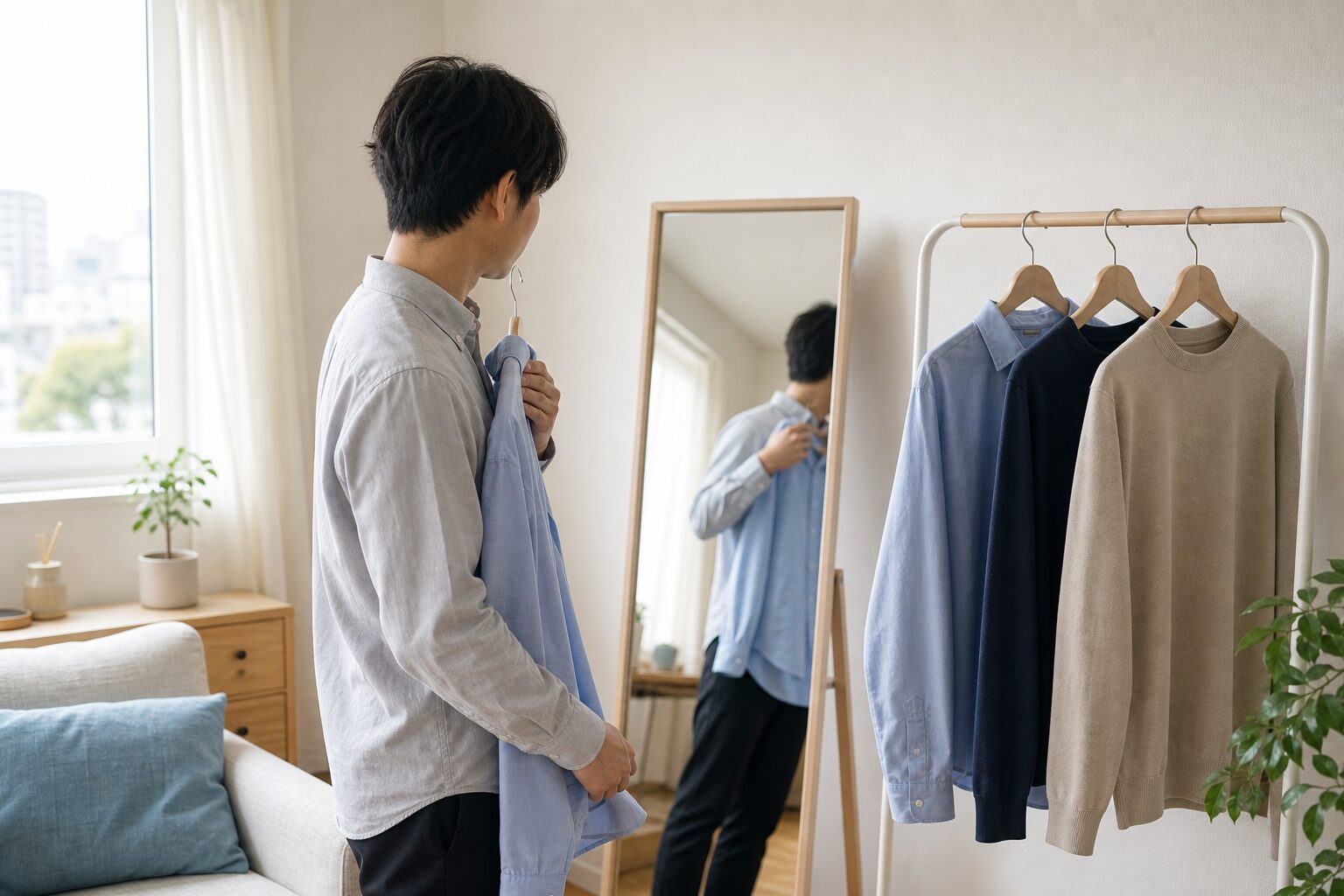 マッチングアプリのプロフィール写真用の服を鏡で選ぶ男性