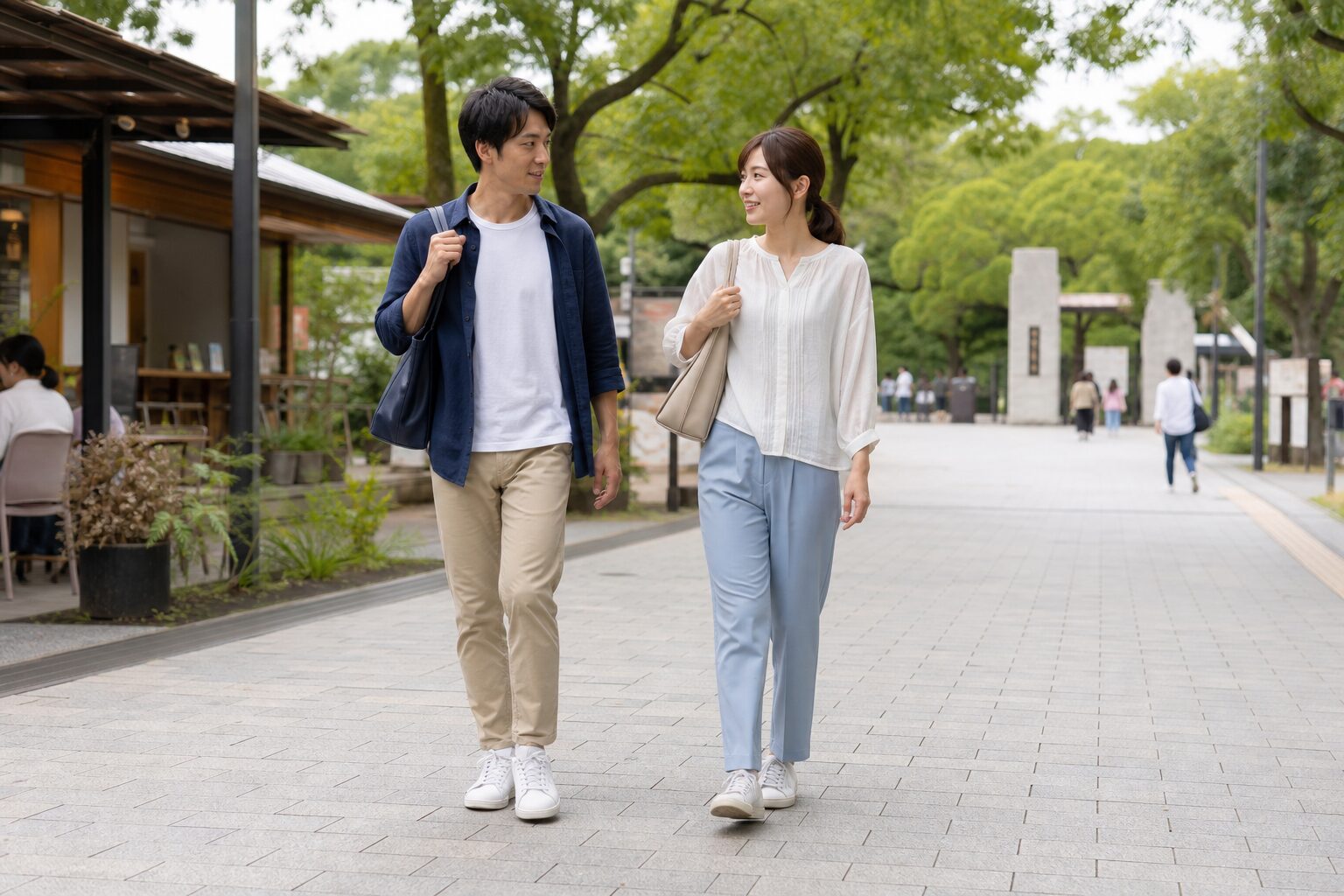 明るい公園の道を歩きながら会話する男女