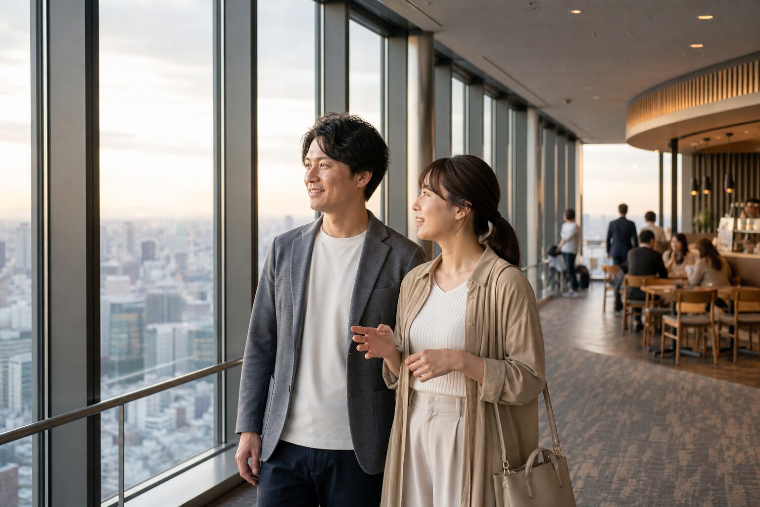 展望台の窓から街並みを眺めながら会話する男女