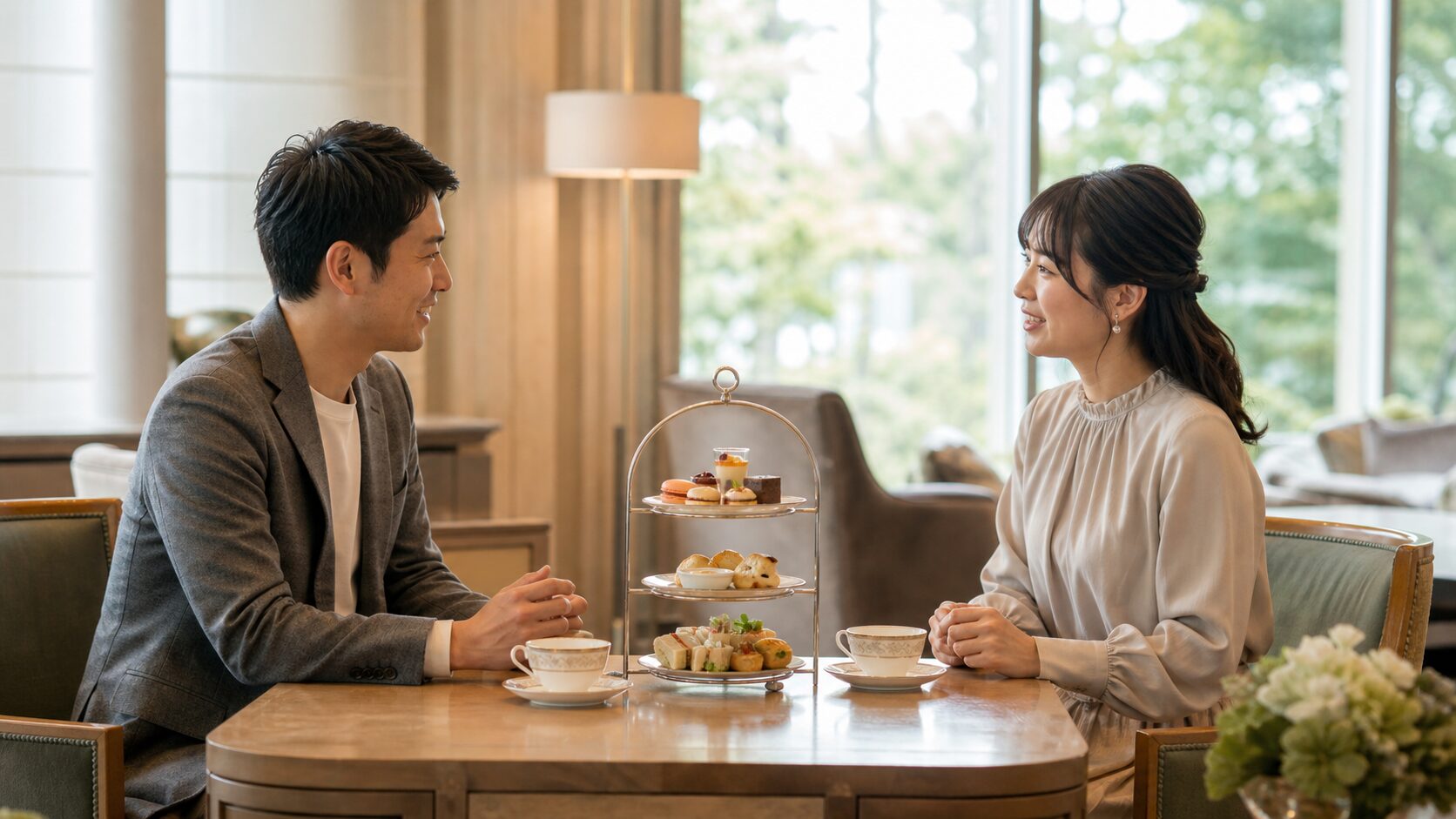 ホテルラウンジでアフタヌーンティーを楽しみながら会話する男女