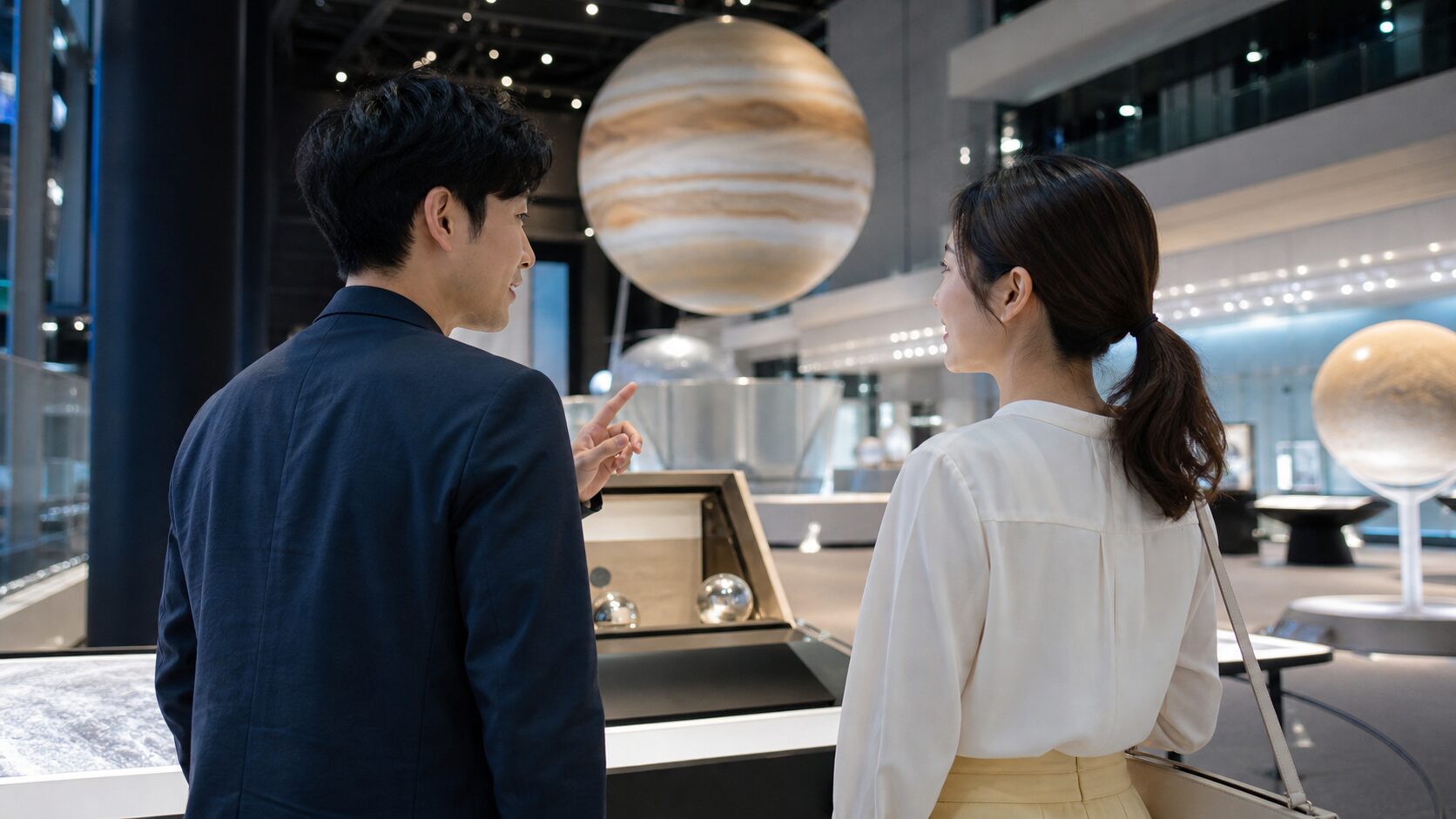 科学館の展示を一緒に見るマッチングアプリ初デートの男女