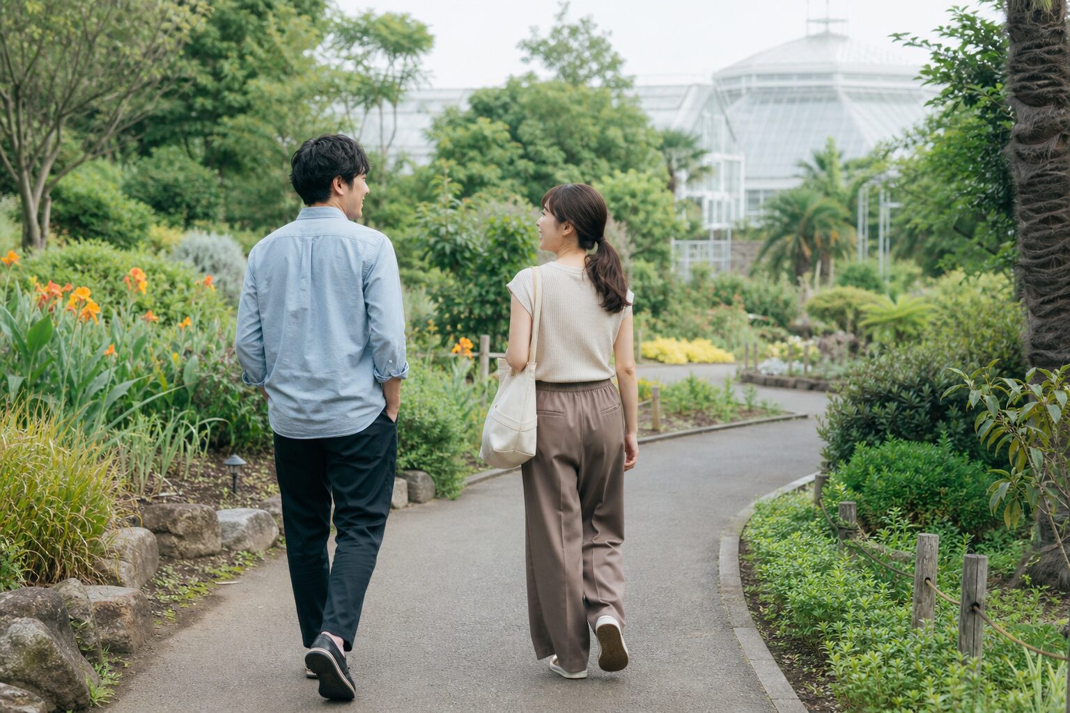 植物園を散策する男女