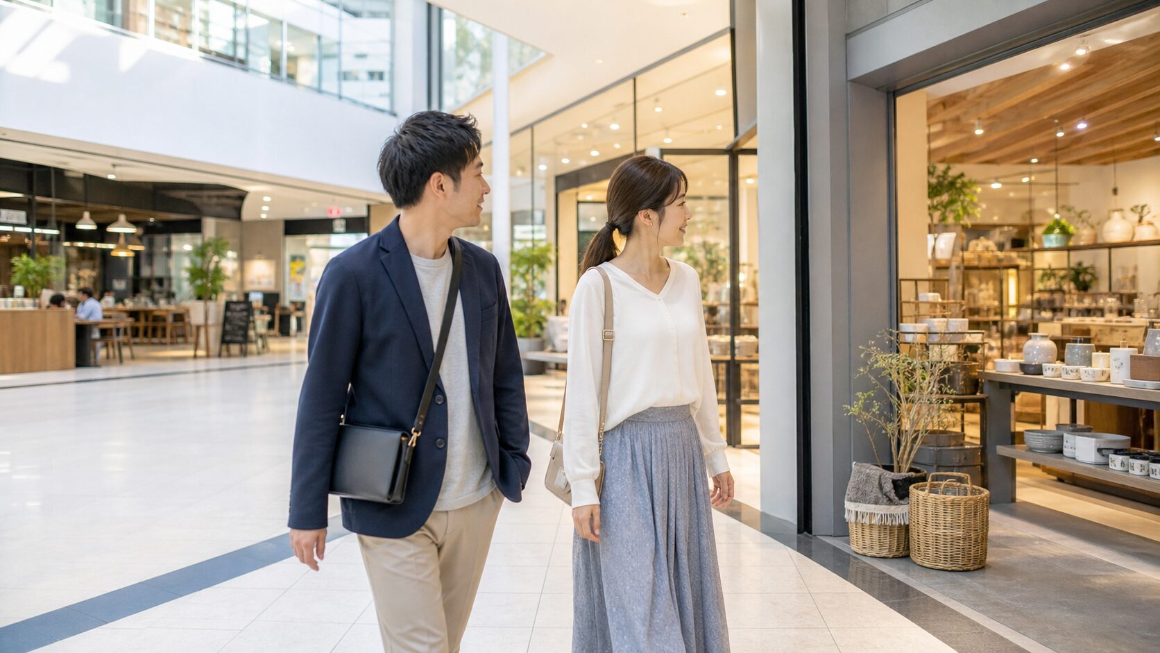 ショッピングモールの生活雑貨店を見ながら歩く男女
