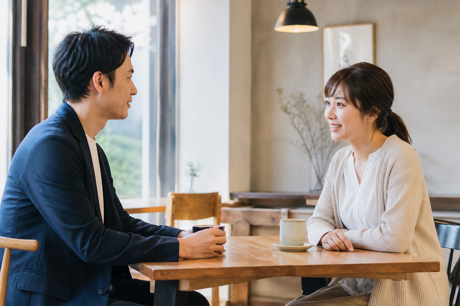 カフェで向かい合って会話するマッチングアプリ初デートの男女