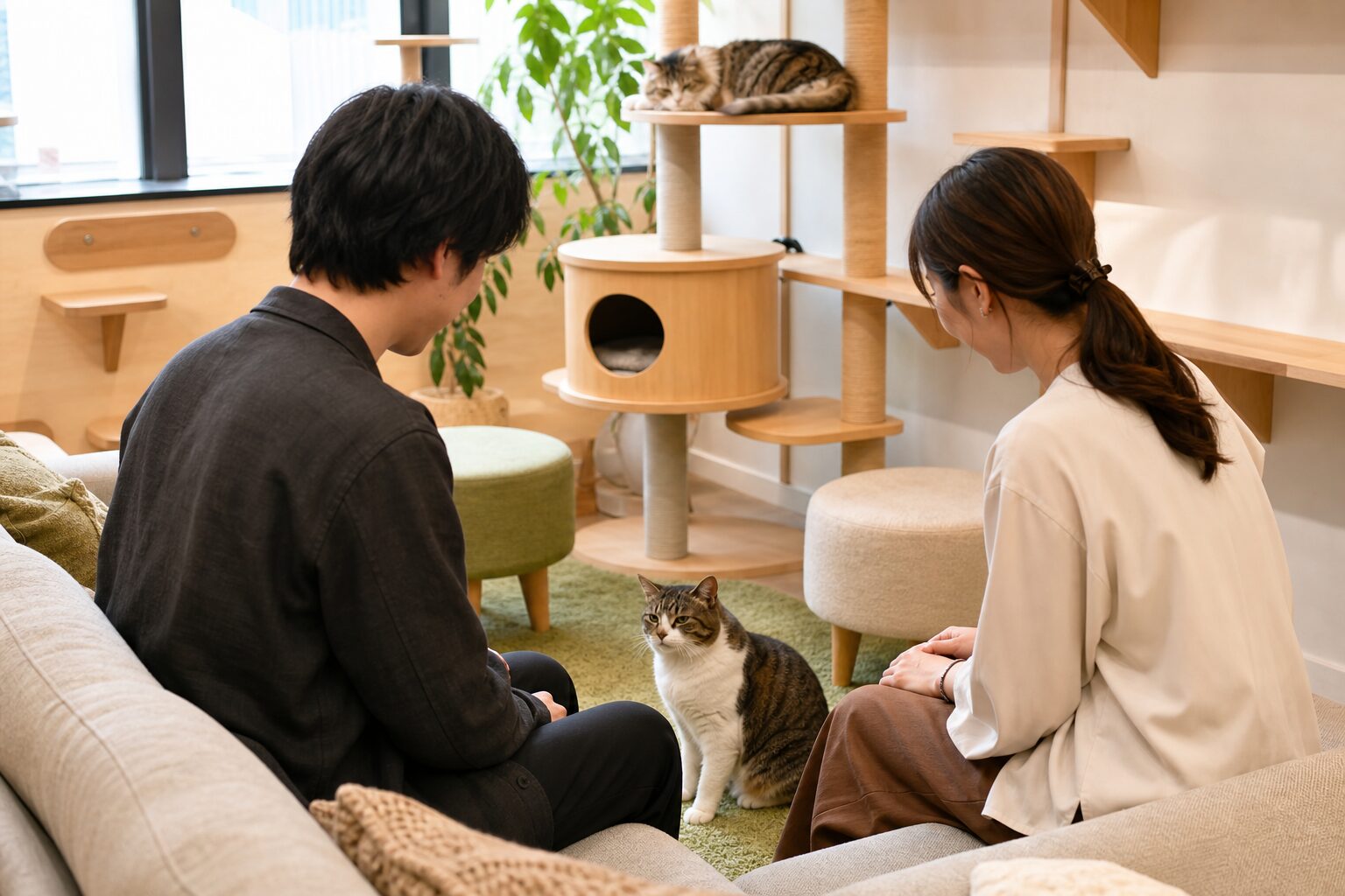 猫カフェで猫を静かに見守る男女