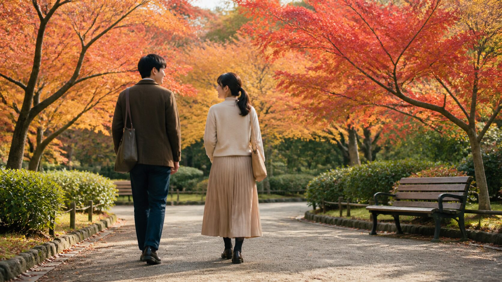 紅葉した庭園を並んで歩く男女の初デート風景
