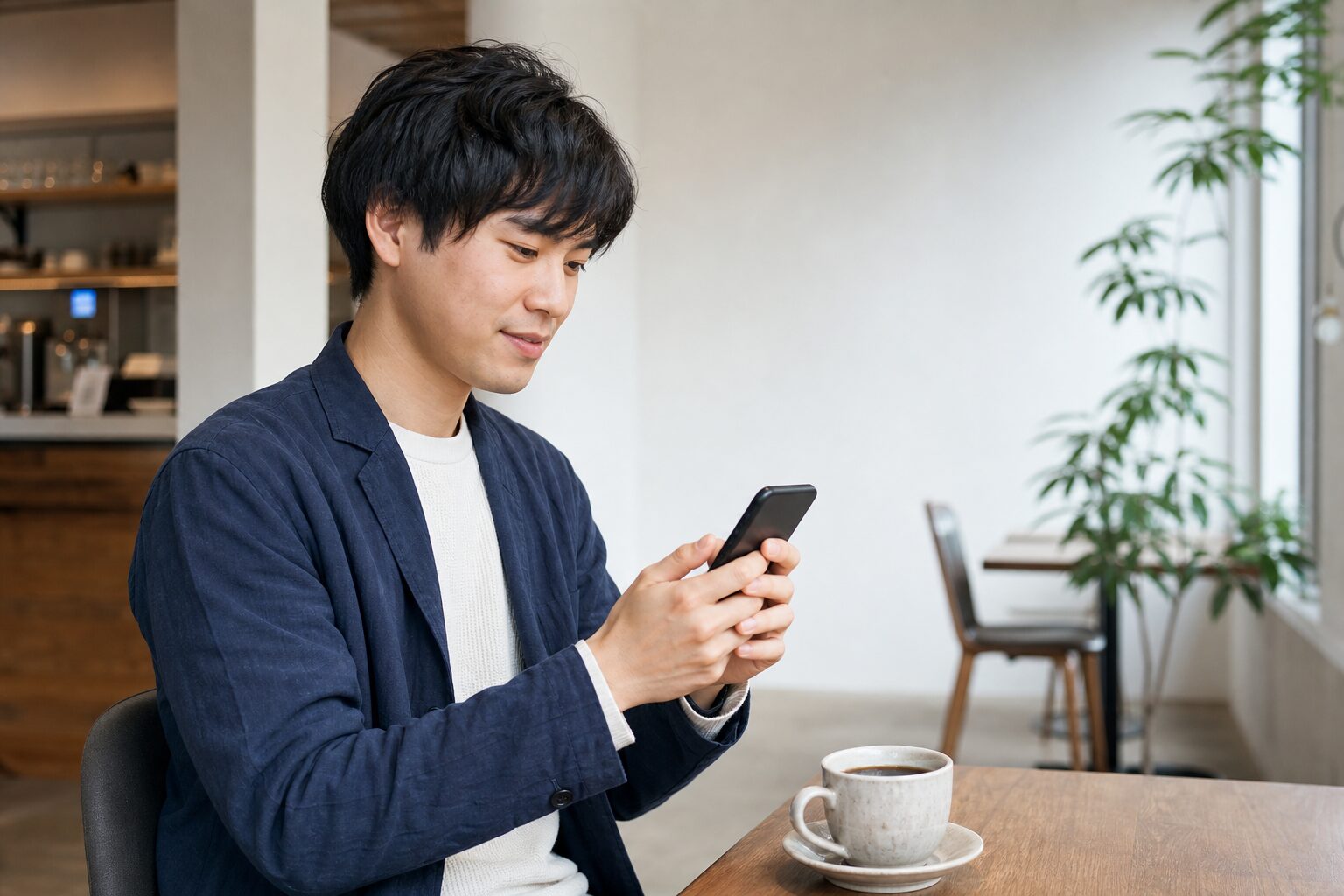 カフェでスマートフォンのメッセージを考える男性