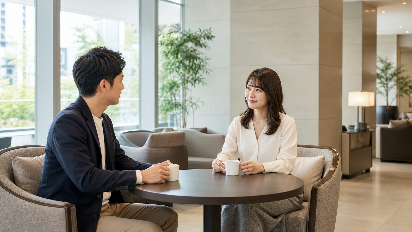 ホテルラウンジで向かい合って会話する男女