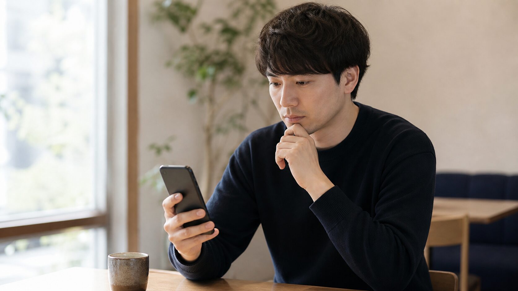 スマートフォン画面を見ながら共有前に考える日本人男性