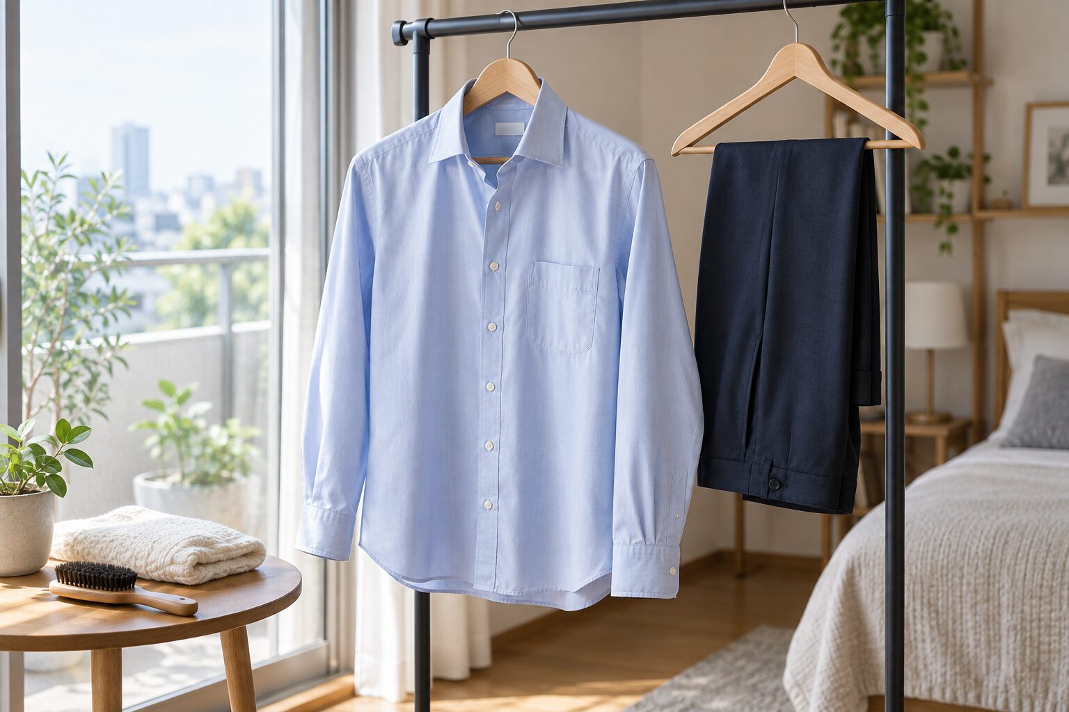 初デート前に整えた水色のシャツと紺色のパンツ
