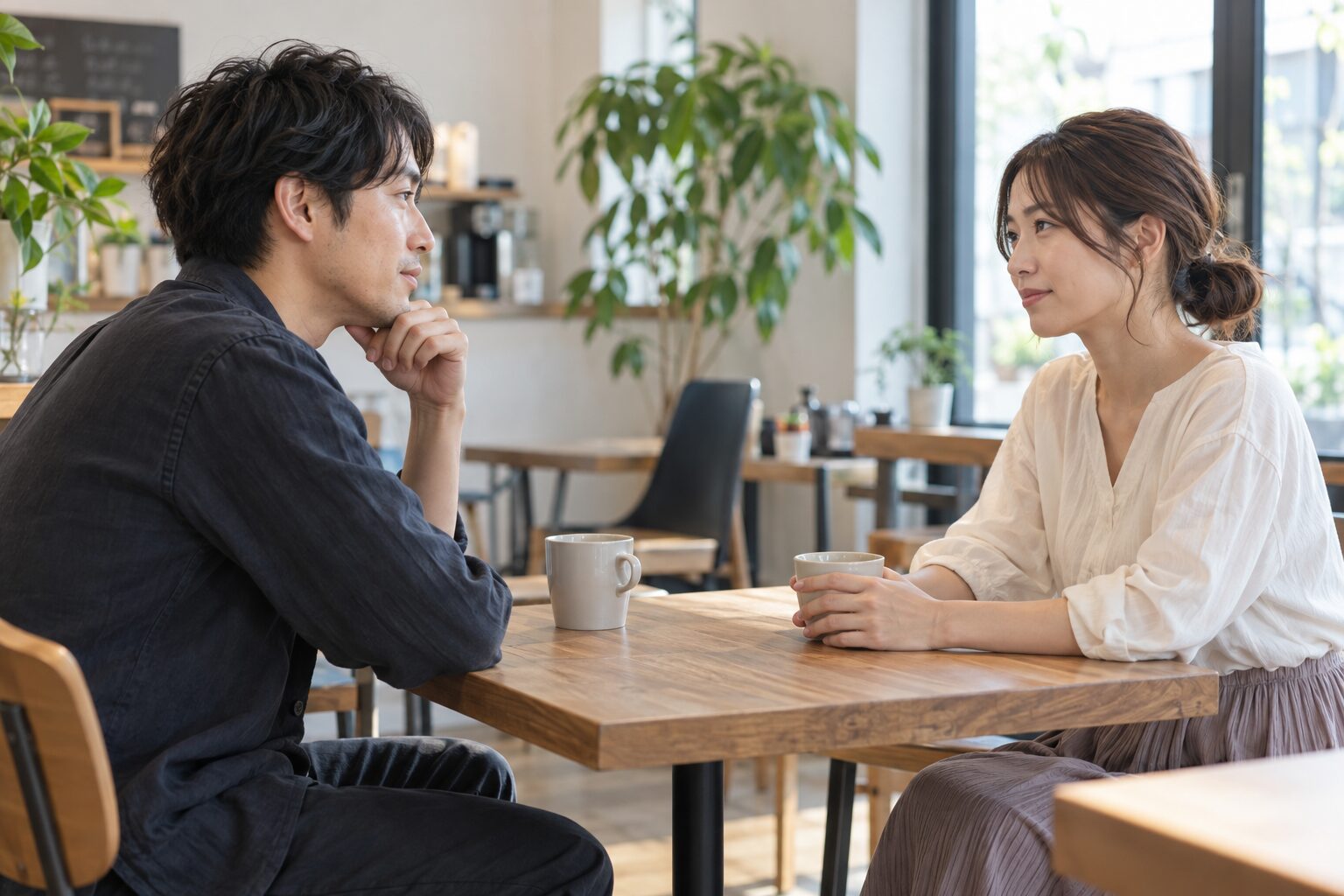 明るいカフェで落ち着いて会話する二人