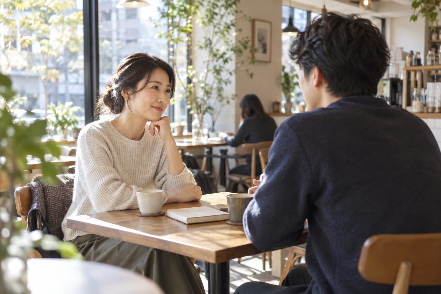 カフェで本を話題に自然な笑顔で会話する二人