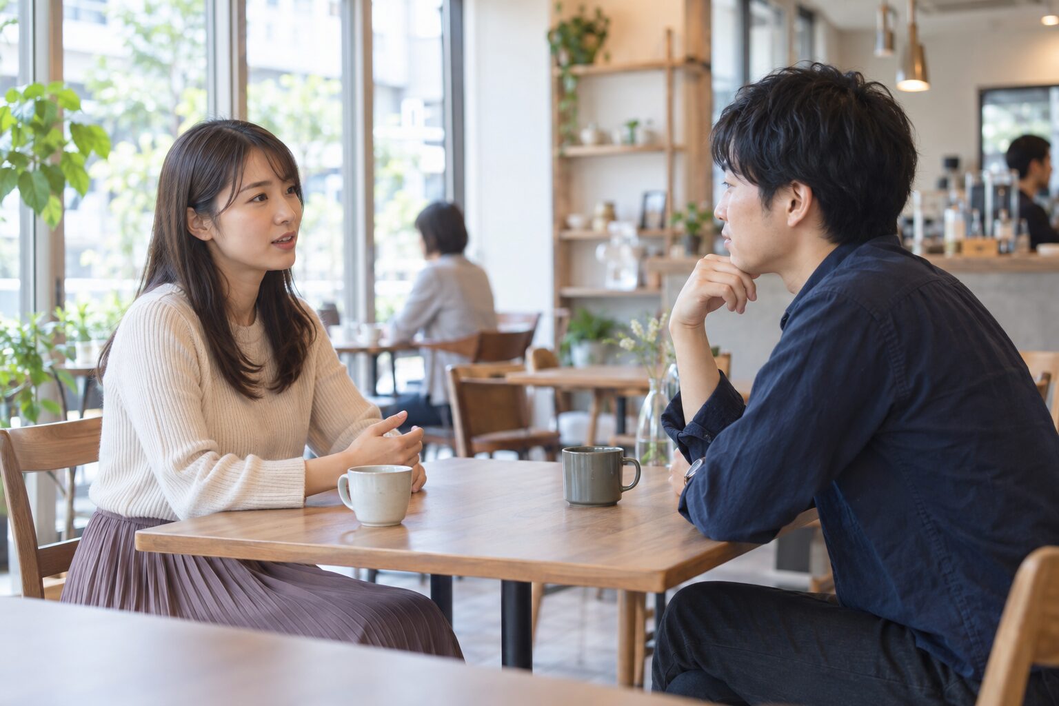 カフェで女性の話を最後まで聞く男性と、落ち着いて話す女性
