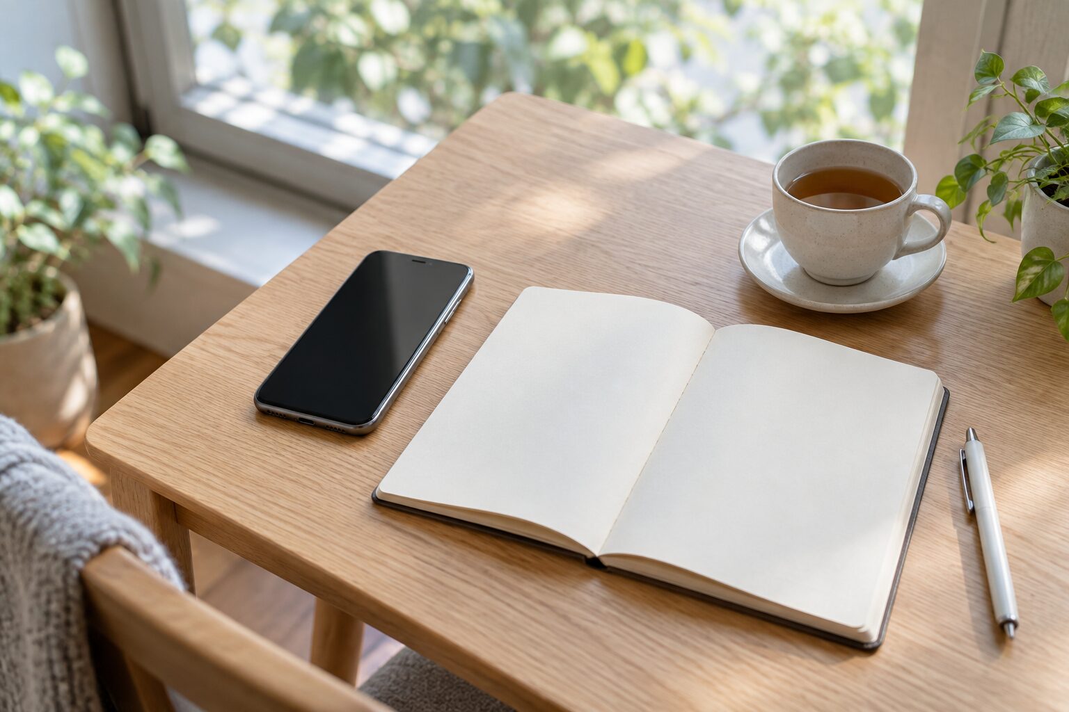 デートの予定を考えるために窓辺の机に置いたスマートフォンとノート