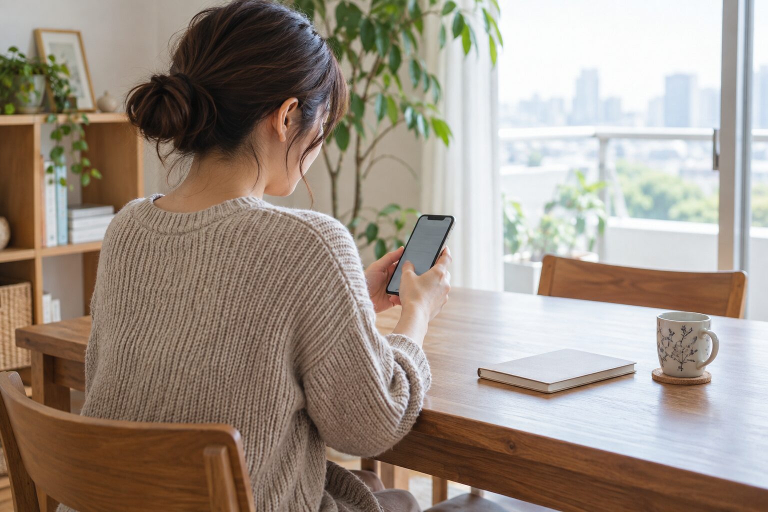 窓辺のテーブルでスマートフォンのプロフィール文を見直す女性