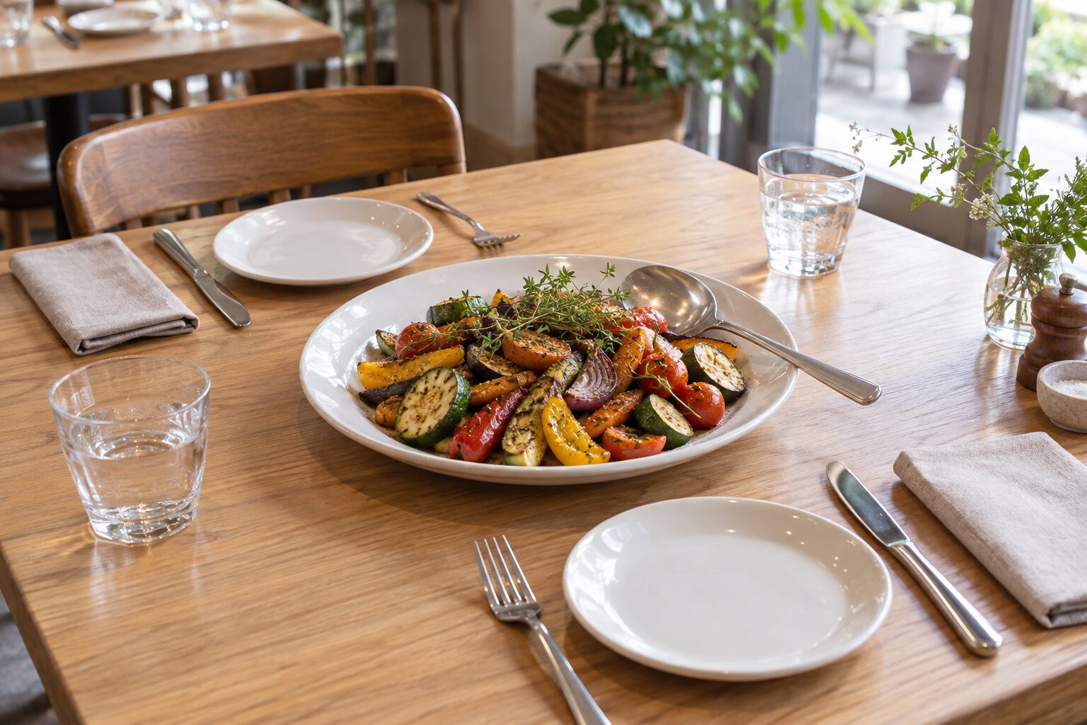 料理の取り分け用スプーンと二人分の取り皿を用意したレストランのテーブル