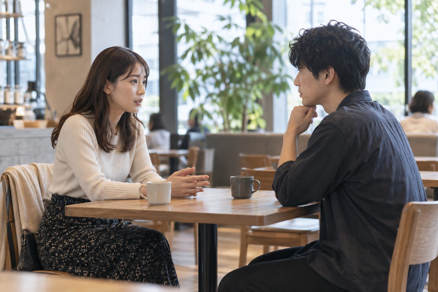 明るいカフェで落ち着いて気持ちを伝える女性と話を聞く男性