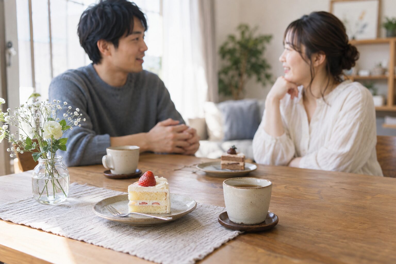 自宅のテーブルでケーキとお茶を用意し、穏やかに話す恋人同士