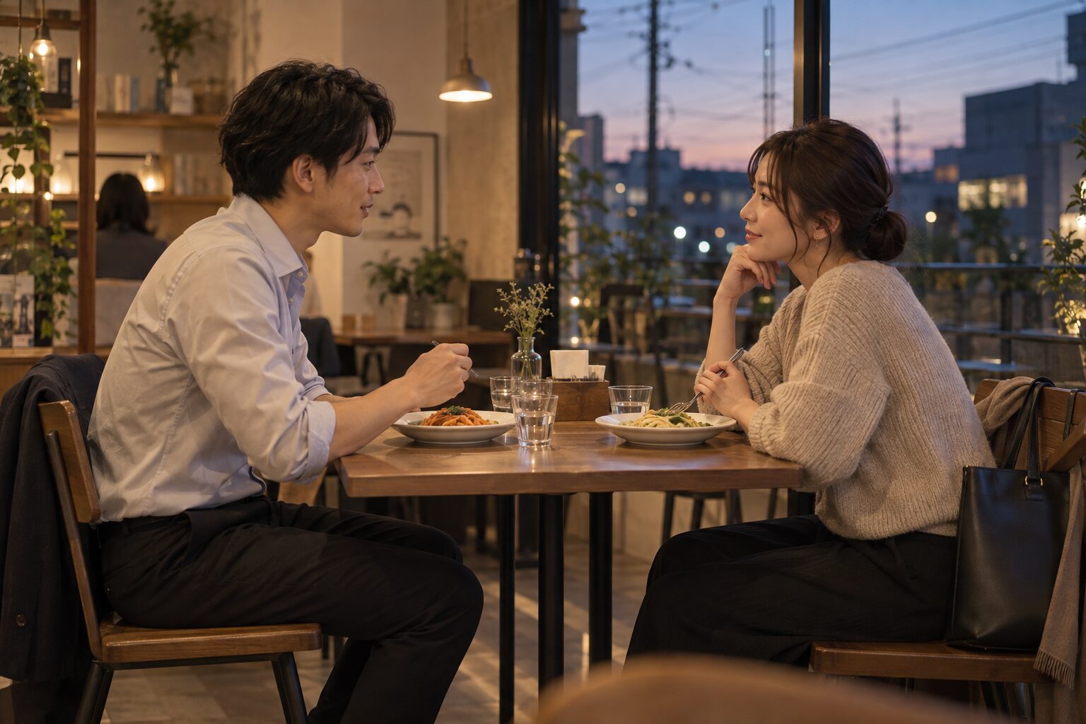 夕方のカフェで食事をしながら話す恋人同士