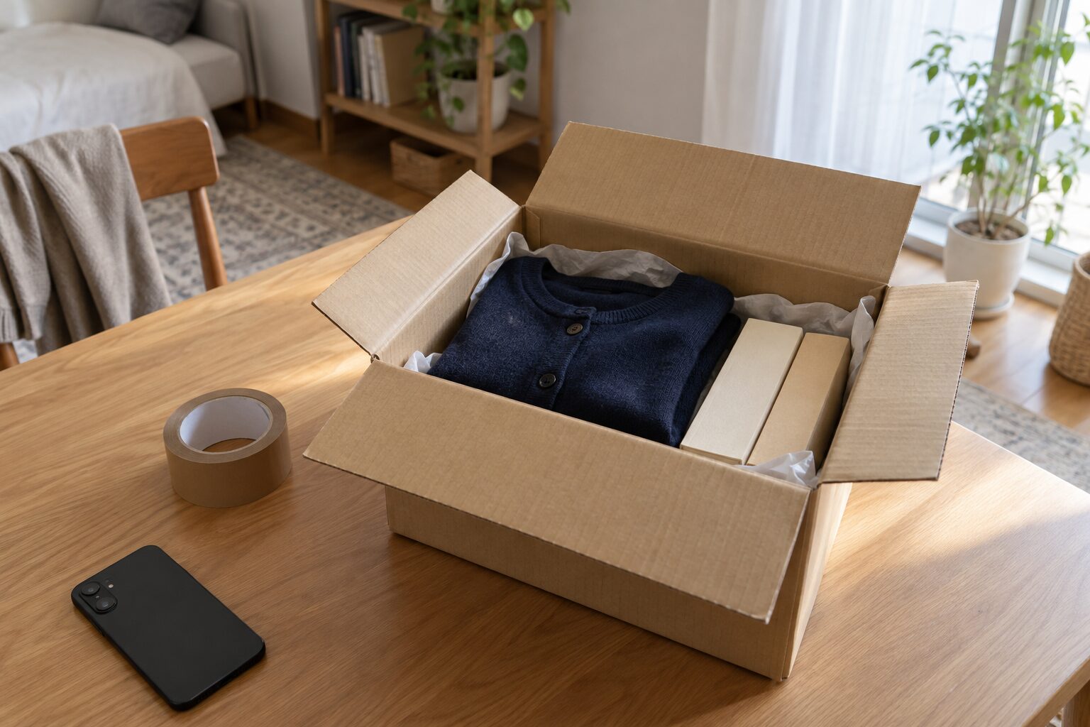 返却用の服と本を段ボール箱にまとめた明るい室内