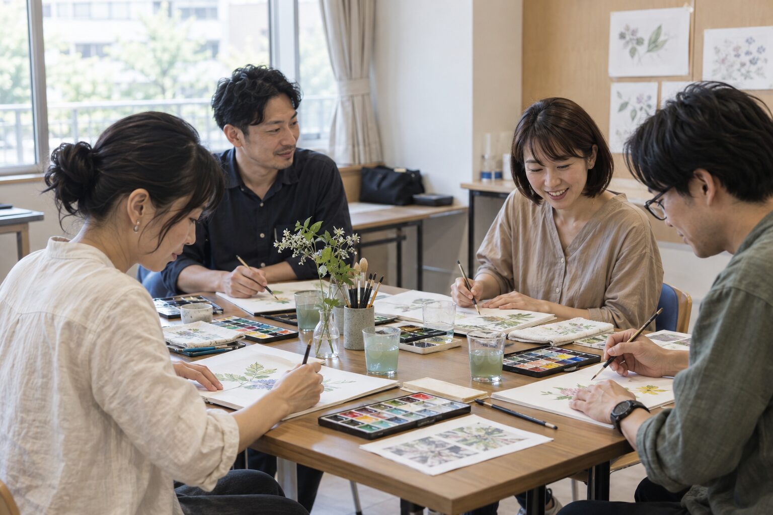 地域の水彩サークルで同じ机を囲み、絵を描く成人の参加者たち