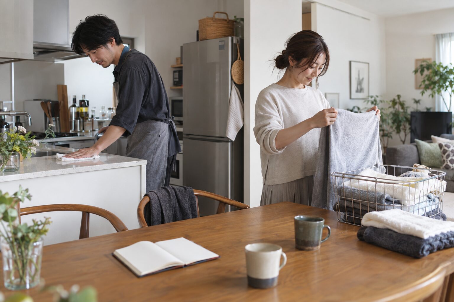 同棲中の部屋でキッチンの拭き掃除とタオルの片付けを分担する二人
