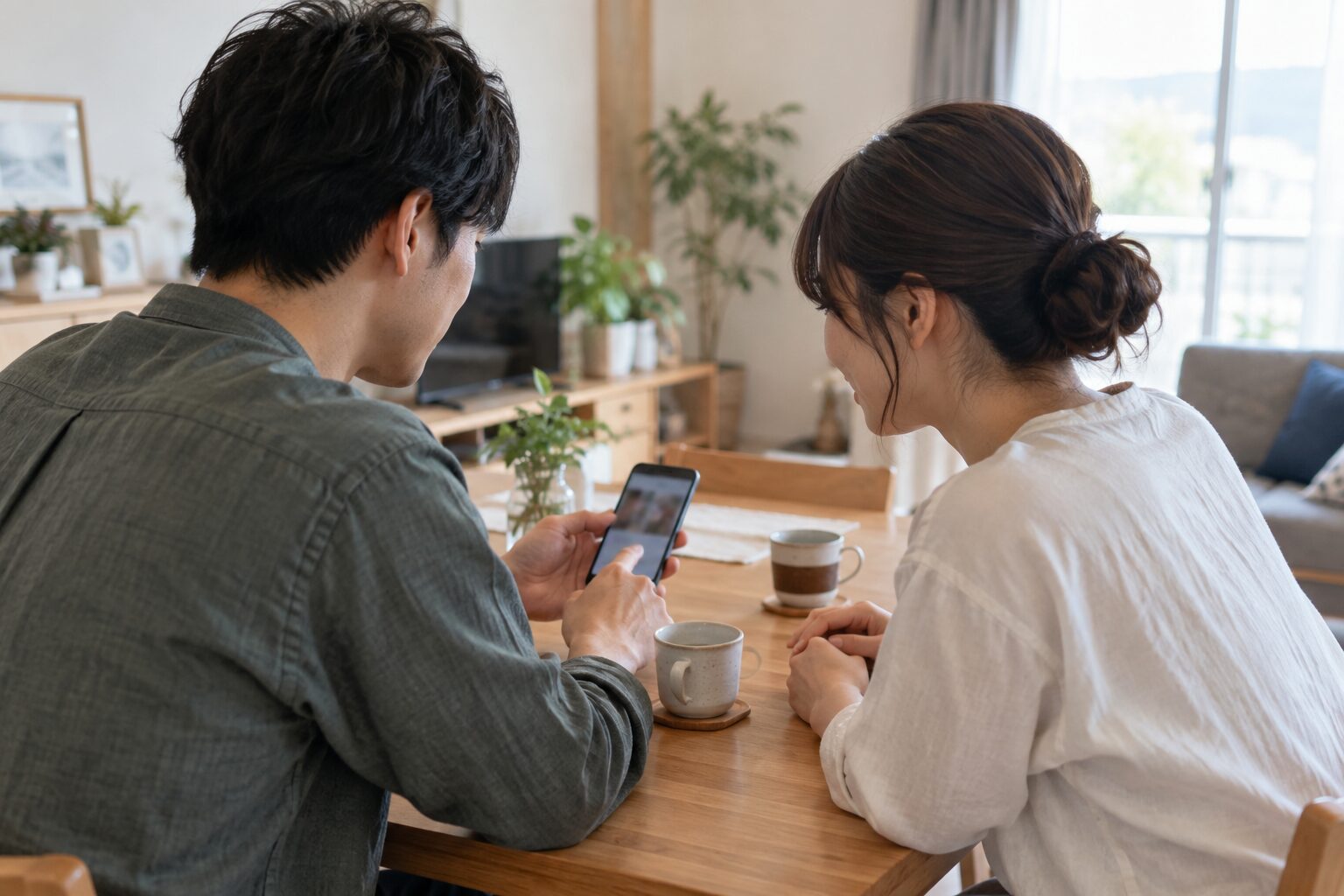 自宅のテーブルでスマートフォンを見ながら写真の扱いを相談する二人