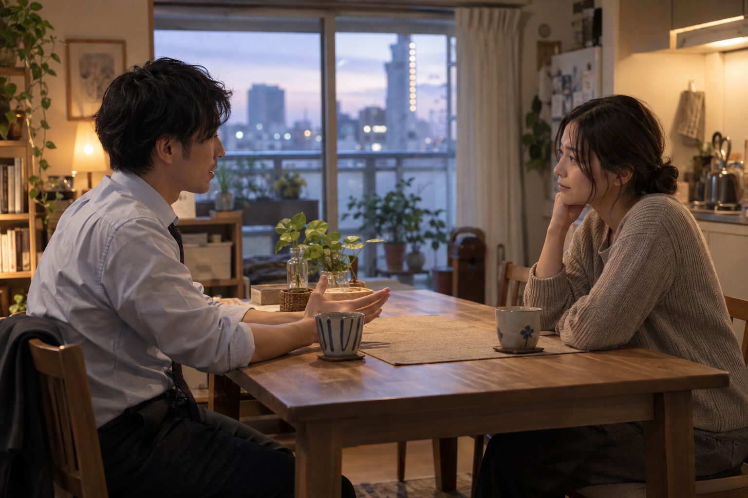 夕方の自宅でお茶を飲みながら話をする恋人同士