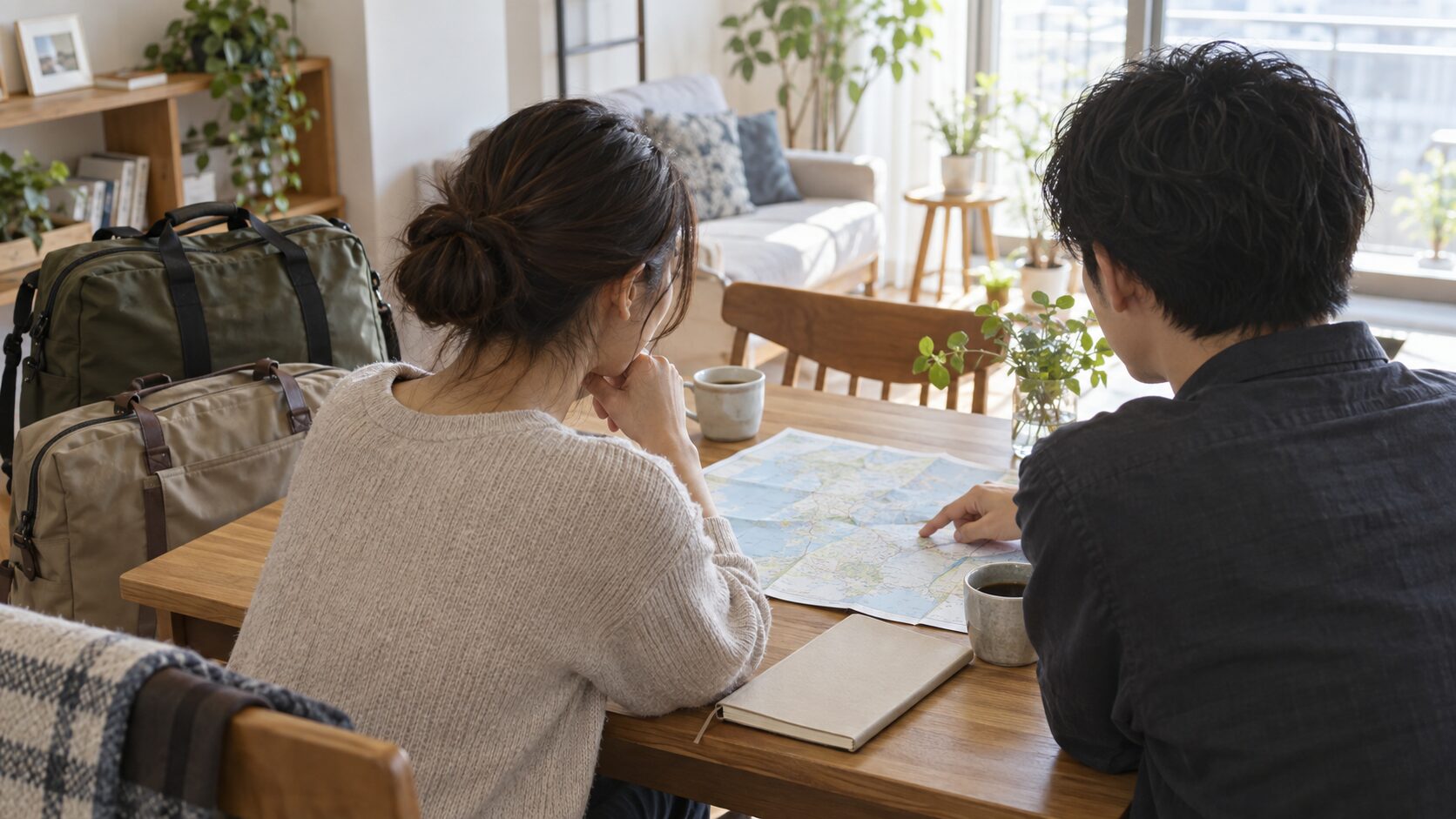 旅行用のバッグを用意し、テーブルで旅の計画を相談する二人