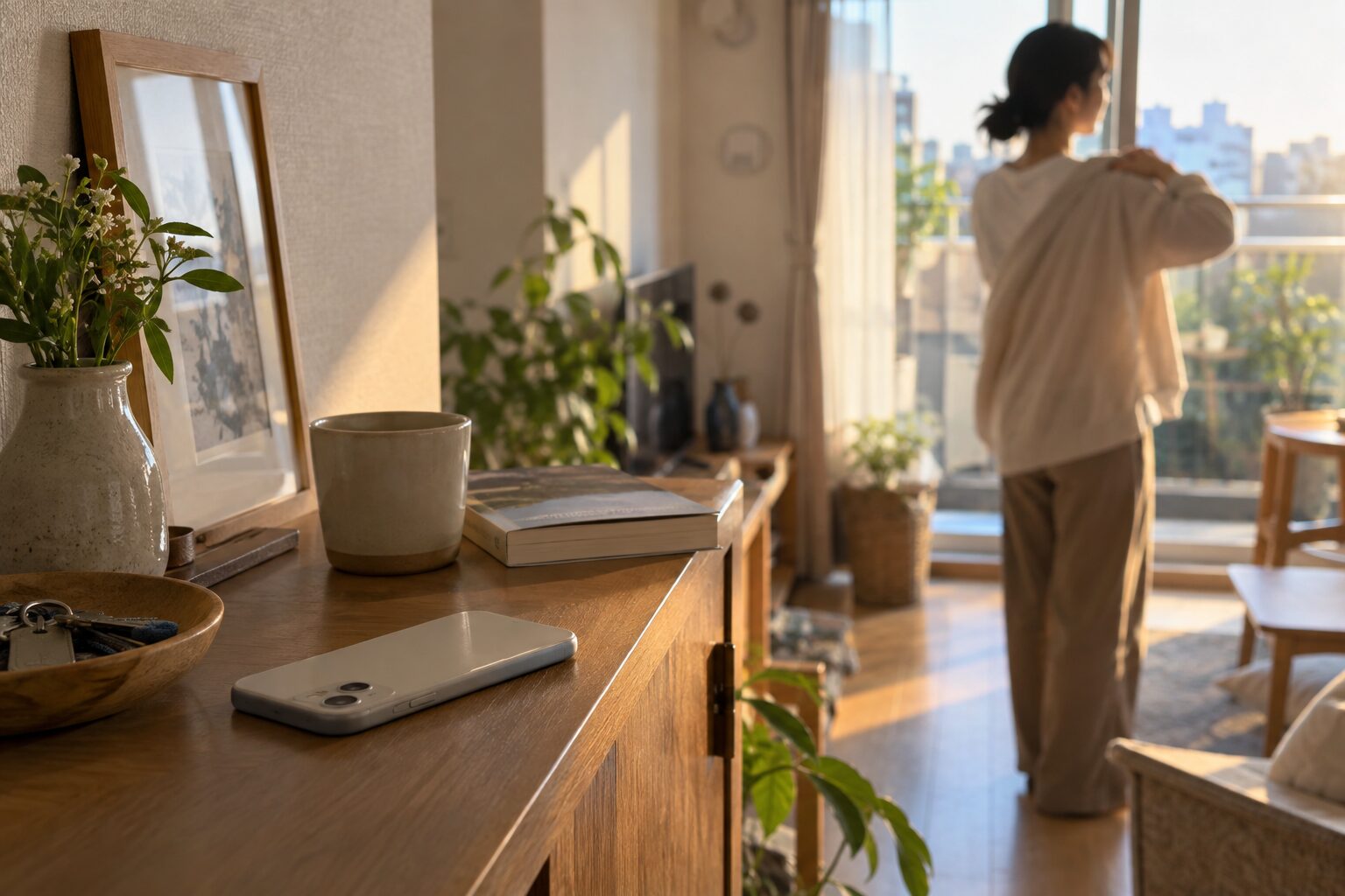 スマートフォンを棚に伏せ、窓辺で気分転換をする女性