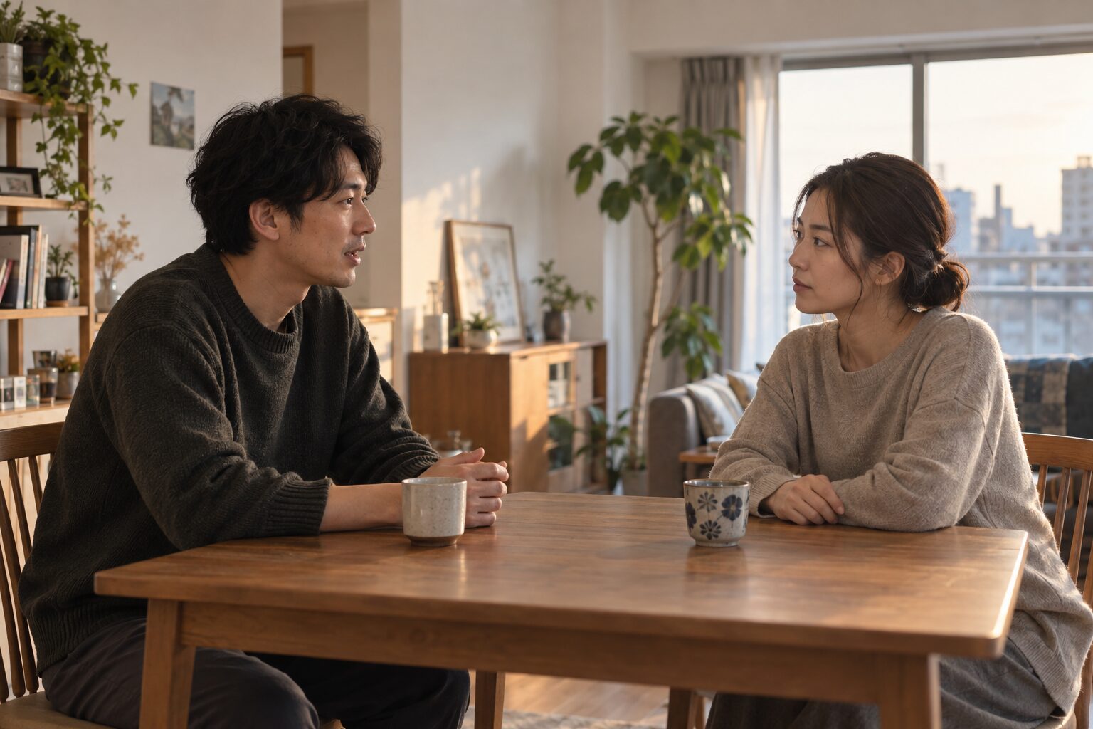 テーブルを挟み、落ち着いて話をする恋人同士