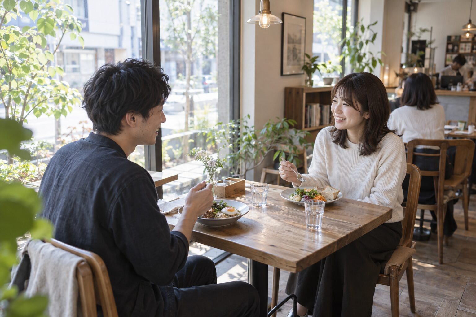 窓際のカフェで向かい合い、昼食を取りながら話す二人の友人