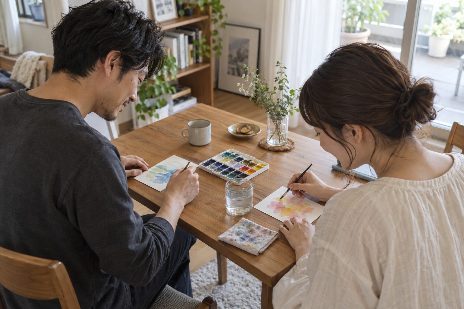 自宅のテーブルで小さな水彩画を描き、一緒に過ごす二人の恋人