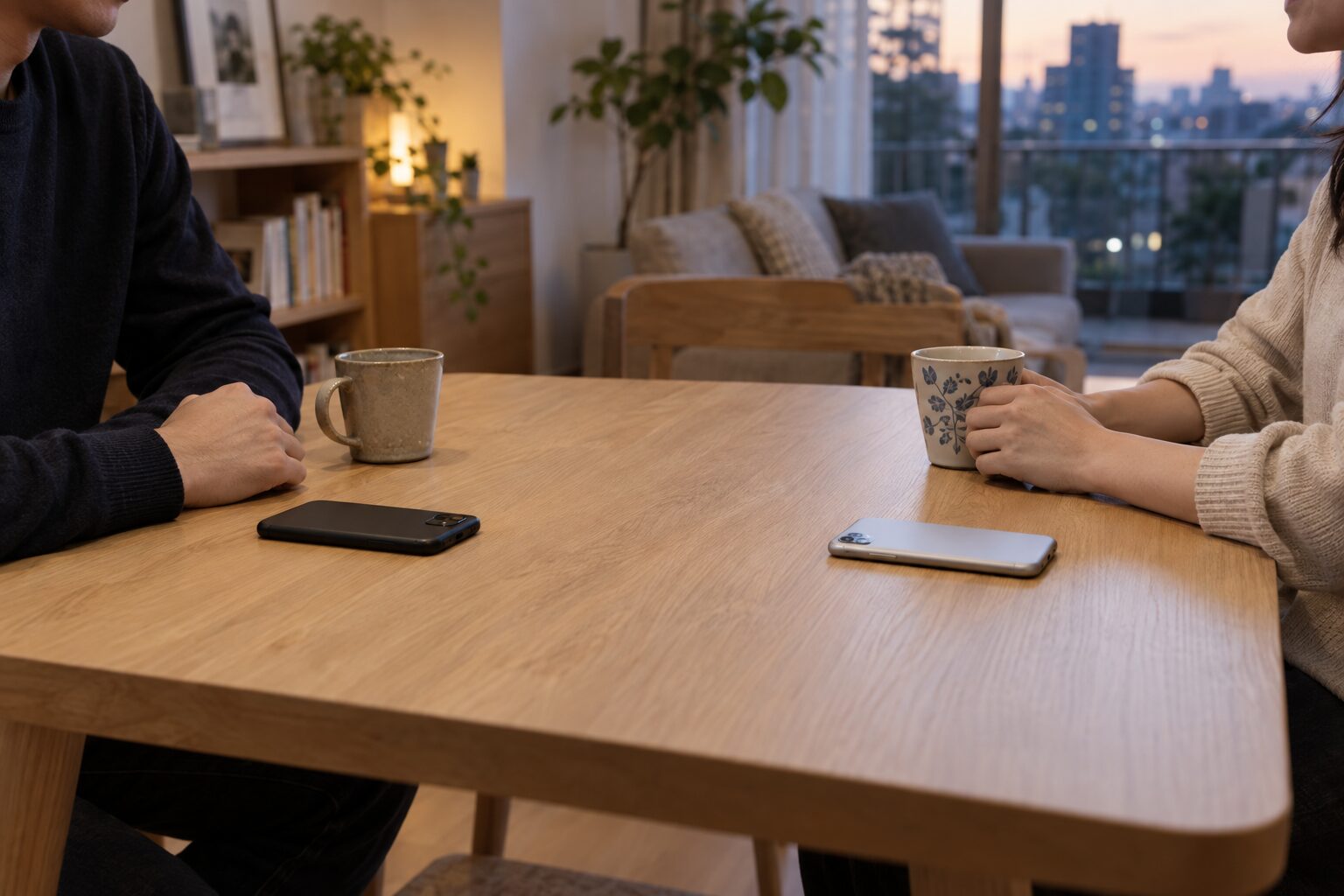 それぞれのスマホを伏せたテーブルを挟み、落ち着いて話す二人