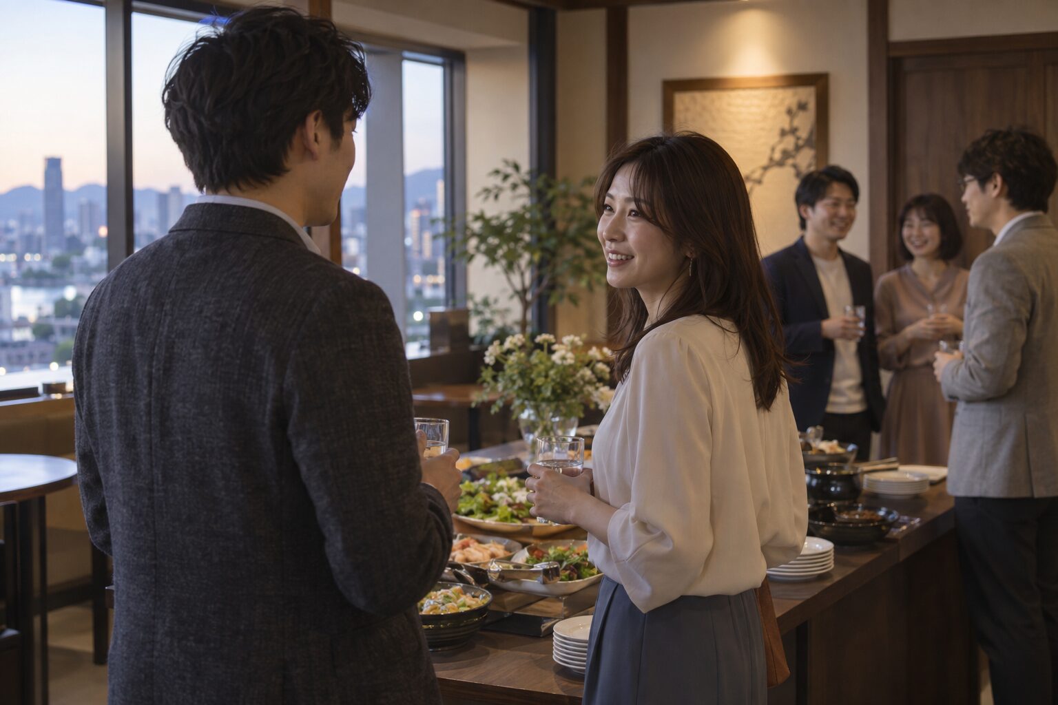 同窓会の会場で、ほどよい距離を保ちながら近況を話す二人