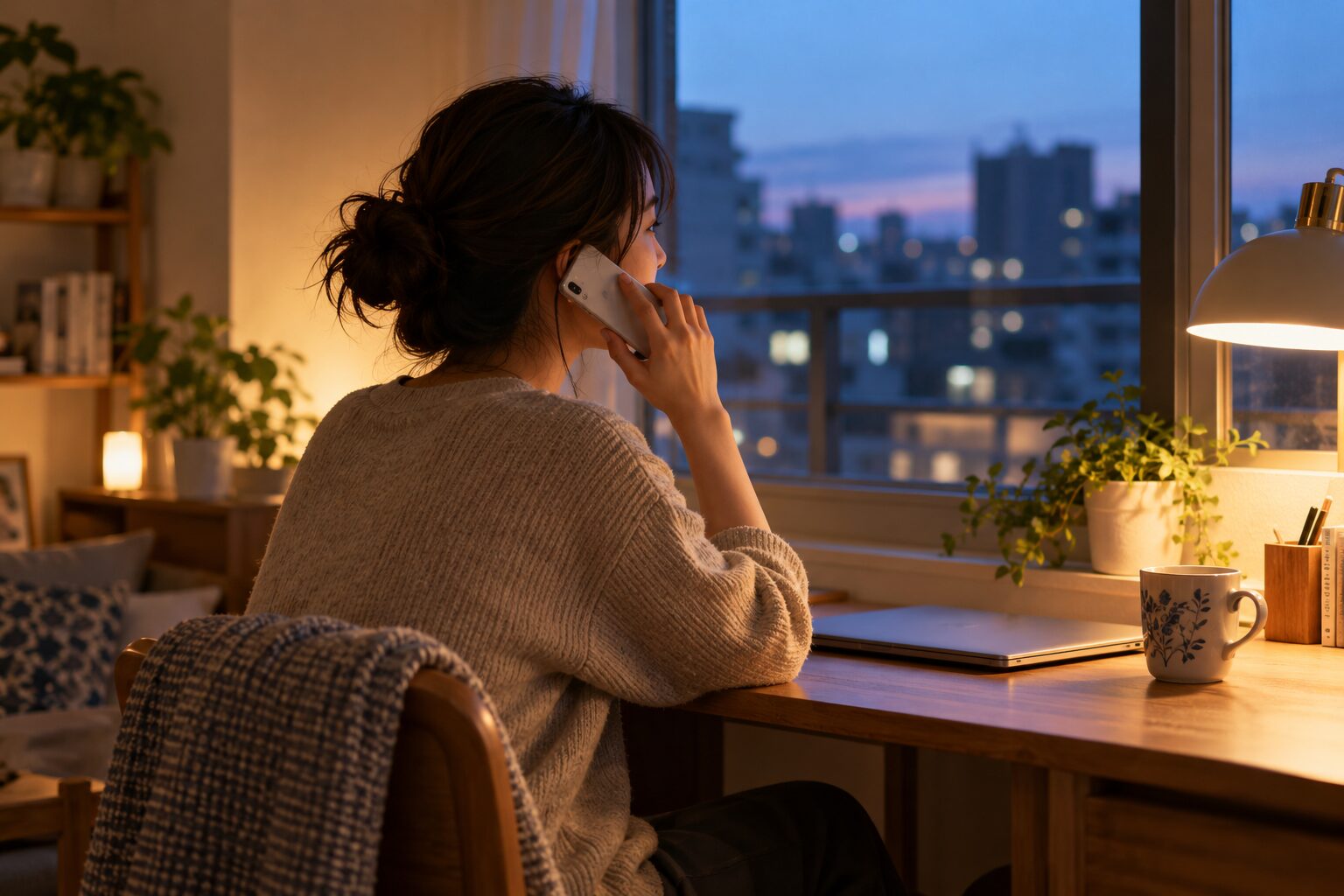 夕方の自宅の机で、恋人と短い電話をする女性の後ろ姿
