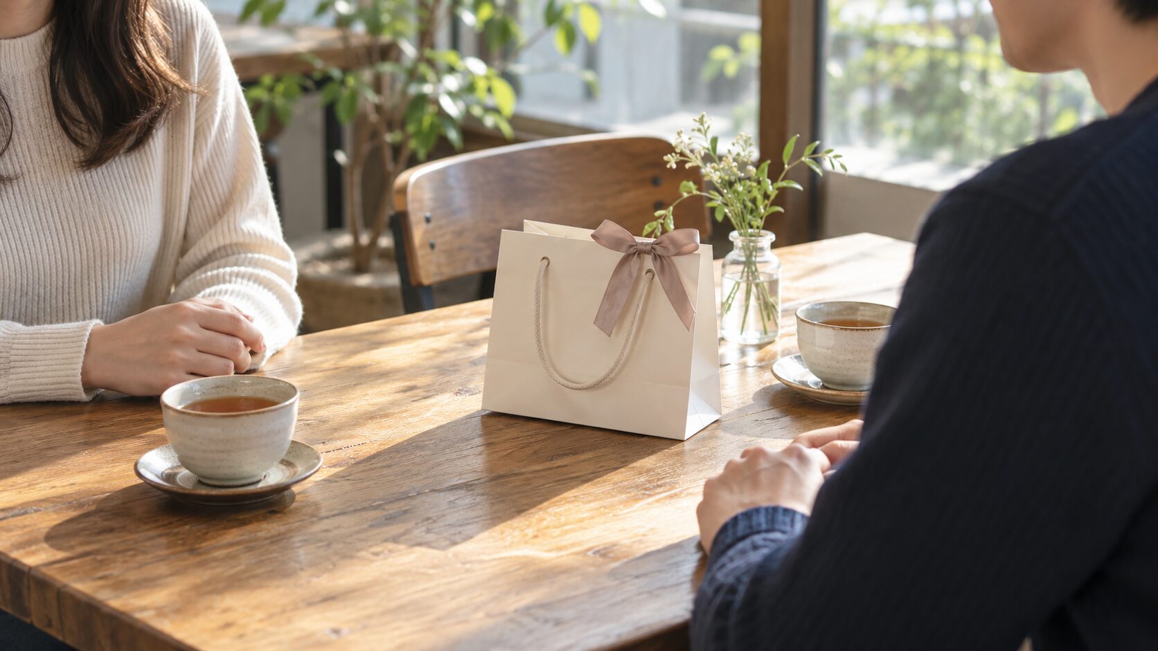 カフェのテーブルに置かれた小さな誕生日の贈り物と、向かい合う二人