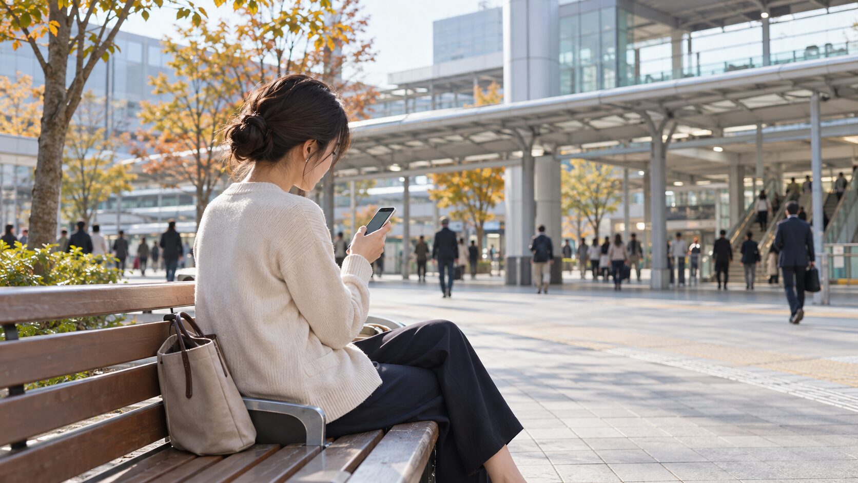 駅前のベンチに座り、待ち合わせ中にスマートフォンを確認する女性