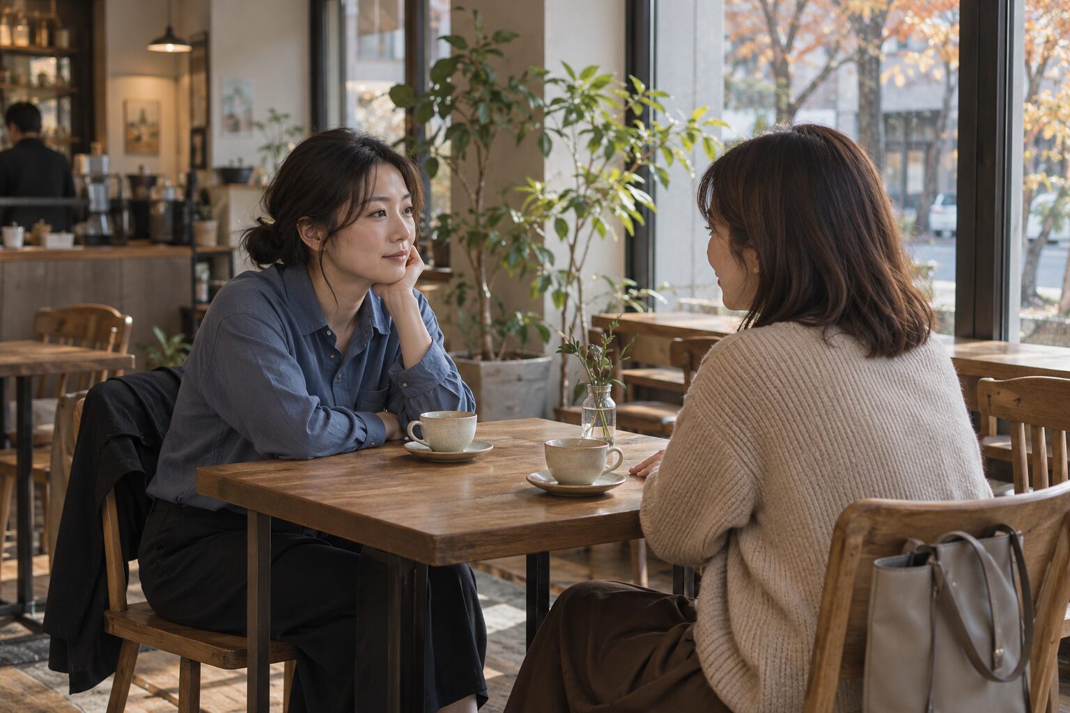 日本のカフェで落ち着いて話す二人の友人