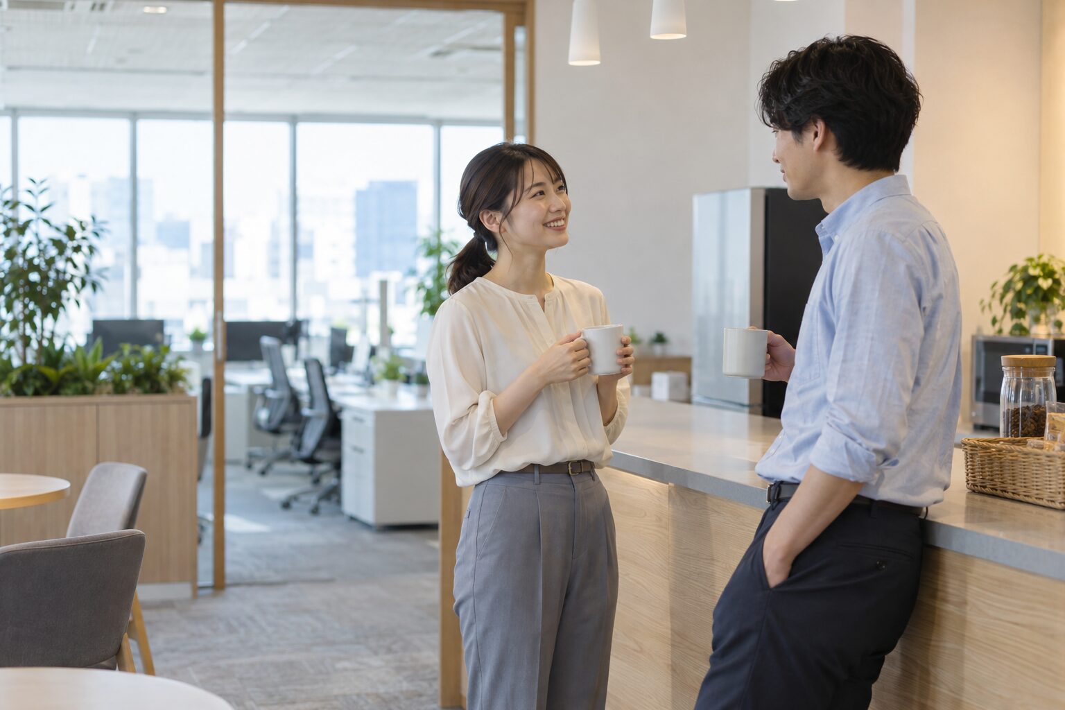 職場の共有休憩スペースで距離を保って話す二人の同僚