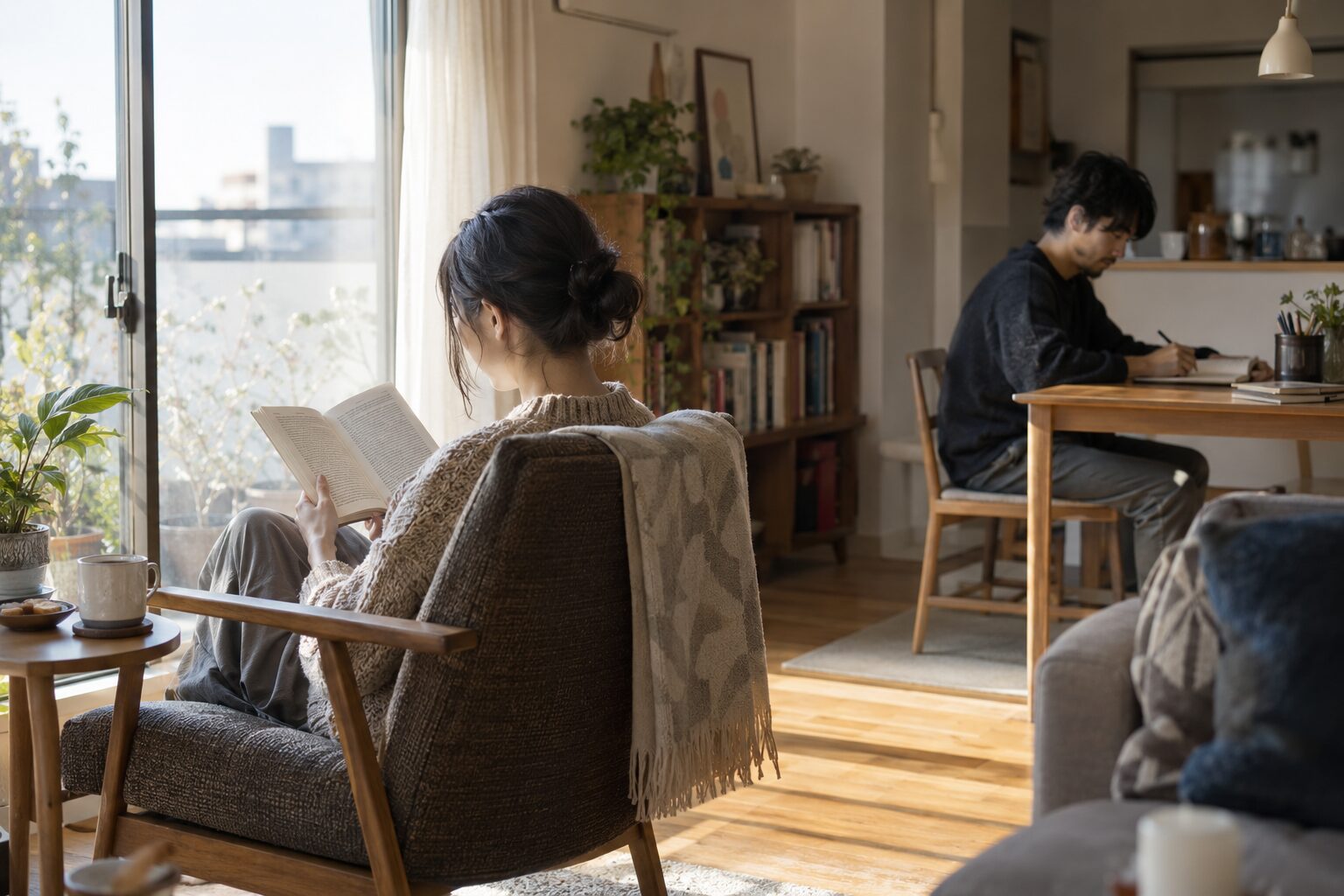 自宅で読書と描画をそれぞれ楽しむ二人