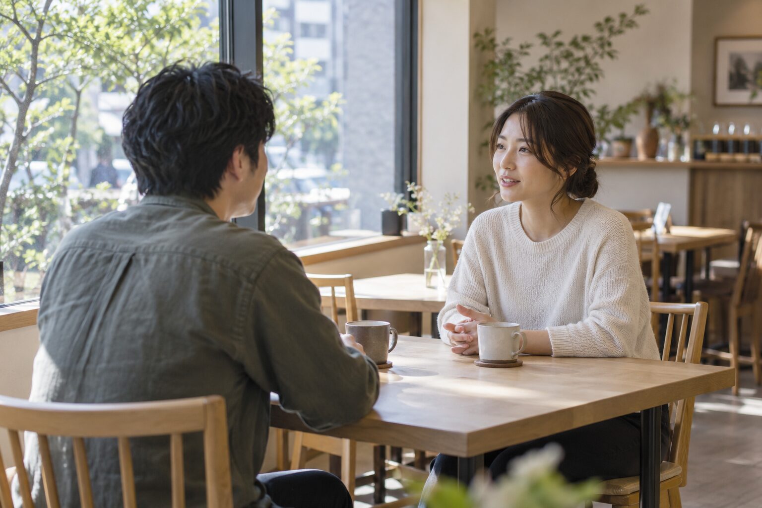 カフェで落ち着いて会話をする二人