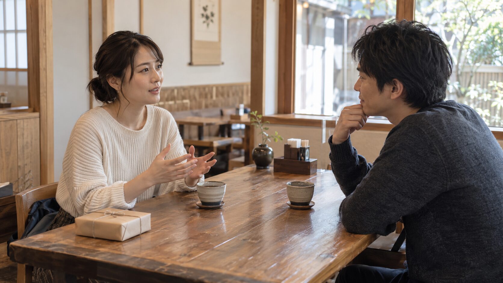 静かな飲食店でデートの希望について話す二人