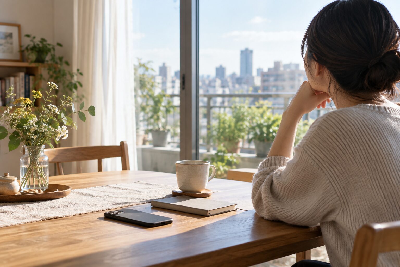 窓辺のテーブルにスマートフォンを置き、落ち着いて考える女性